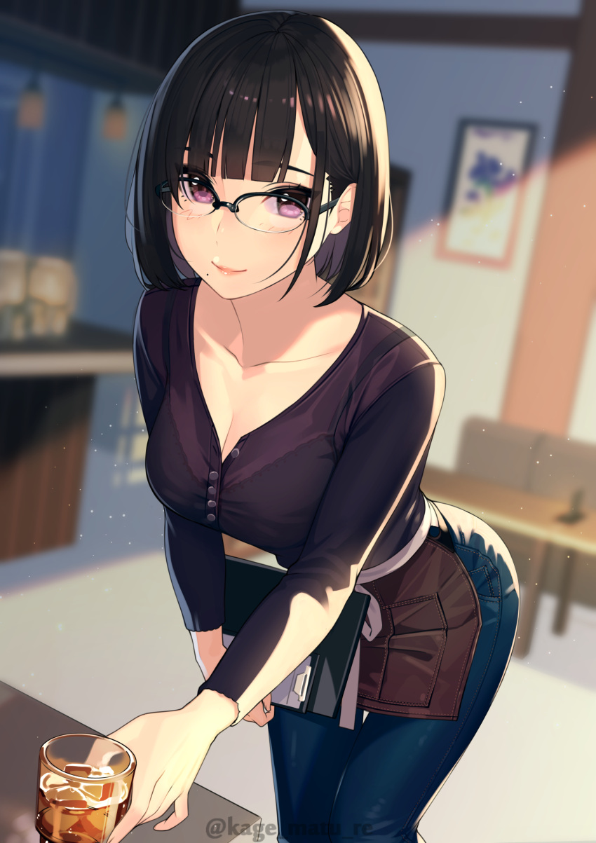 1girls absurdres alcohol apron bangs bar black-framed_eyewear black_bra black_hair black_shirt blunt_bangs blurry blurry_background blush bra breasts brown_apron cleavage clipboard closed_mouth collarbone cup denim depth_of_field drinking_glass eyebrows_visible_through_hair female glasses highres ice_cube indoors jeans kagematsuri leaning_forward long_sleeves looking_at_viewer medium_breasts mole mole_under_eye original over-rim_eyewear pants pink_lips purple_eyes see-through semi-rimless_eyewear shirt short_hair smile solo thigh_gap underwear waist_apron waitress whiskey