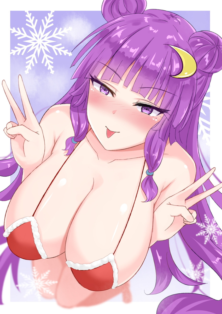 1girls :p big_breasts blush breast_focus christmas double_bun female hair_ornament large_breasts light-skinned_female long_hair patchouli_knowledge peace_sign purple_eyes purple_hair solo tagme tongue tongue_out touhou very_long_hair witch wuwusan youkai