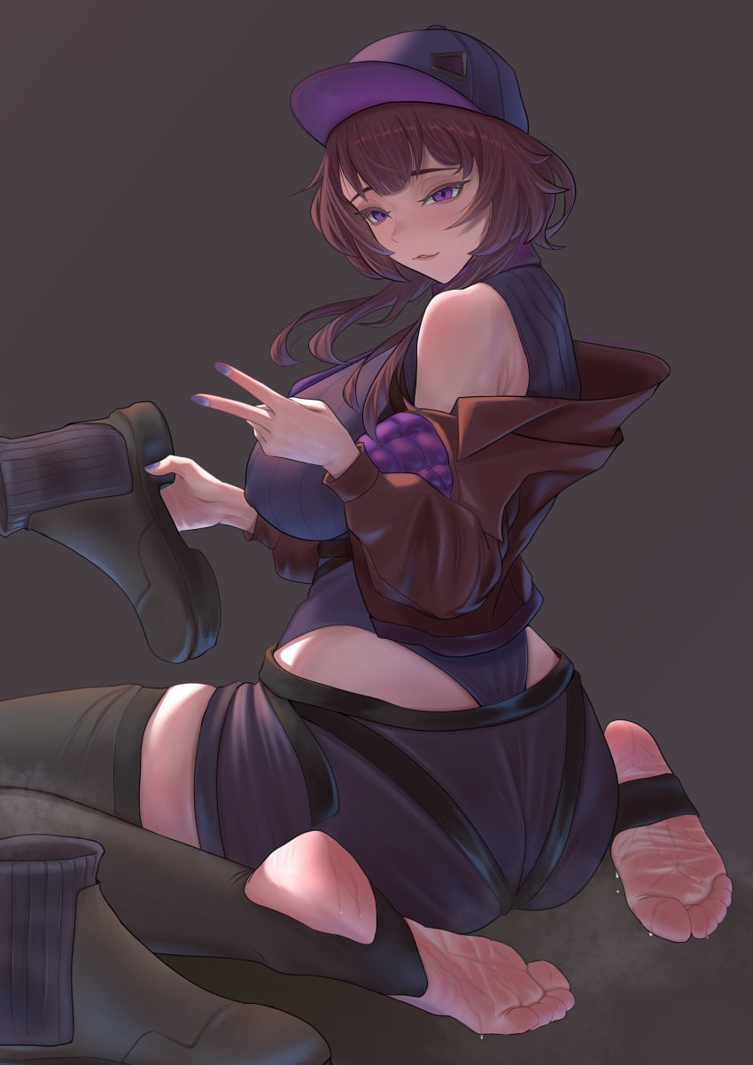 bodysuit boots boots_removed brown_hair commission feet foot_fetish foot_focus hat holding_shoe jacket jacket_off_shoulders legwear mole_under_eye no_shoes original_character peace_sign purple_eyes shoes_removed sitting skeb_commission soles souvenirinevuos stirrup_legwear sweat sweatdrop sweaty_feet sweaty_soles