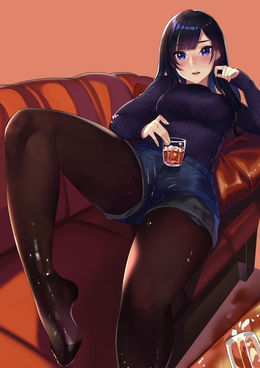 1girls alcohol bangs black_hair blue_eyes blush breasts couch drinking_glass eyebrows_visible_through_hair female hand_on_own_face highres kagematsuri legs long_hair looking_at_viewer lying medium_breasts mole mole_under_mouth open_mouth original pantyhose shorts smile solo sweater wet wet_clothes wet_pantyhose whiskey