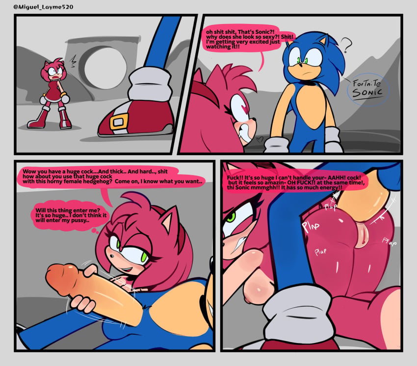 1boy 1girls amy_rose anal anal_penetration anthro anthro_on_anthro balls bent_over big_penis boots bracelet butt clothing comic dialogue dress duo english_text erection eulipotyphlan female footwear furry furry_female furry_male furry_only genitals glans gloves green_eyes grin handjob handwear heart_eyes heart_symbol hedgehog hi_res holding_penis jewelry male male/female mammal miguel_layme nude nude_female penetration penile penile_penetration penis penis_in_ass sega sex shoes smile sonic_(series) sonic_the_hedgehog sonic_the_hedgehog_(series) speech_bubble straight straight_sex text vulva