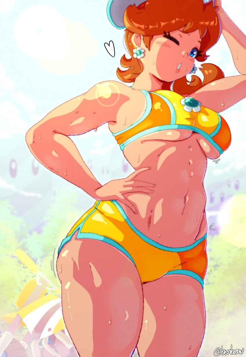 1girls artist_name artist_signature bare_midriff benbeau big_breasts blue_eyes breasts brown_hair busty crown curvy earrings exposed_midriff female female_focus female_only flower_earrings front_view large_breasts light-skinned_female light_skin looking_at_viewer mario_(series) medium_hair midriff navel nintendo one_eye_closed princess_daisy princess_daisy_(swimwear) shorts shoulder_length_hair solo solo_female solo_focus tagme thick_thighs thighs underboob voluptuous wink winking winking_at_viewer