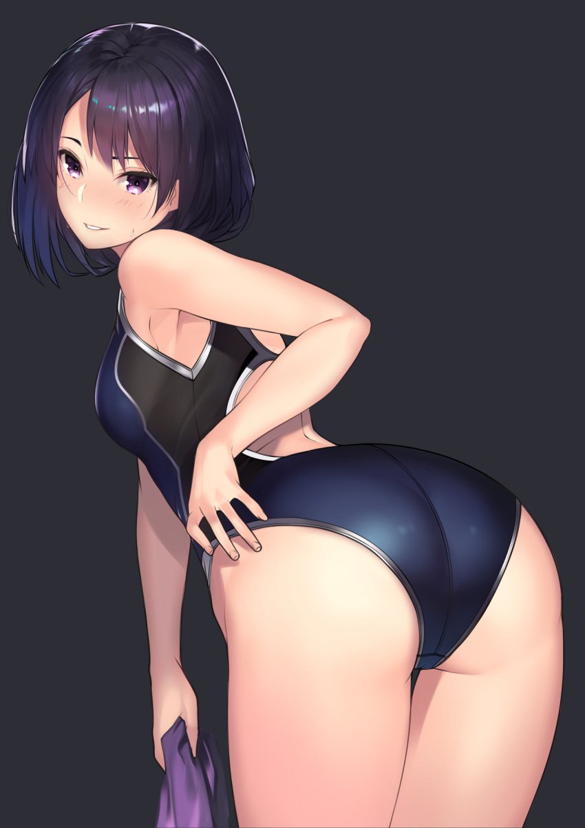 1girls ass black_background black_hair black_swimsuit blush female from_behind highres kagematsuri leaning_forward looking_at_viewer looking_back one-piece_swimsuit original parted_lips purple_eyes short_hair simple_background smile solo standing swimsuit