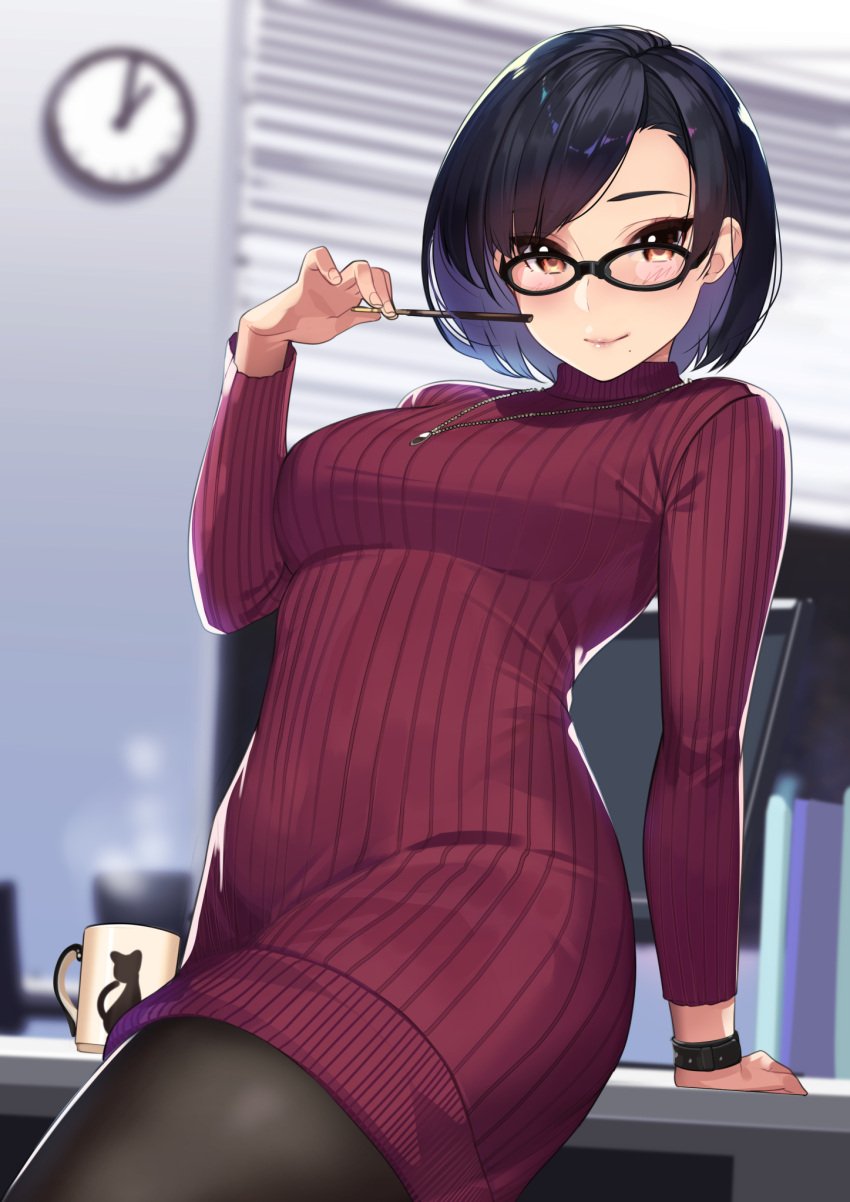 1girls black-framed_eyewear black_hair blurry_background blush bob_cut breasts brown_eyes clock coffee_mug computer cup dress female female_focus food glasses highres jewelry kagematsuri leaning_on_object long_sleeves looking_at_viewer mole mole_under_mouth monitor mug necklace original pantyhose pocky red_dress smile solo sweater sweater_dress taut_clothes taut_dress tight_clothing tight_dress tight_fit turtleneck turtleneck_dress wristwatch