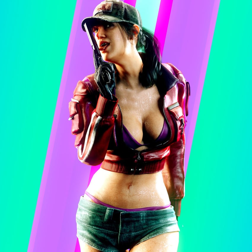 1girls 3d abigail_briarton bra breasts brown_hair call_of_duty call_of_duty_black_ops_2 call_of_duty_zombies cap cleavage flickytuts gun jean_shorts licking_gun misty_(cod-bops-2) open_jacket panties solo_female sweating teasing