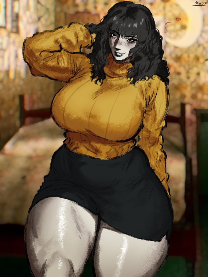 1girls artist_request big_breasts black_hair blush breasts clothed clothed_female clothing female_only heart huge_breasts long_hair looking_at_viewer rosemary_walten skirt solo solo_female sweater the_walten_files thick_thighs thighs turtleneck turtleneck_sweater watermark