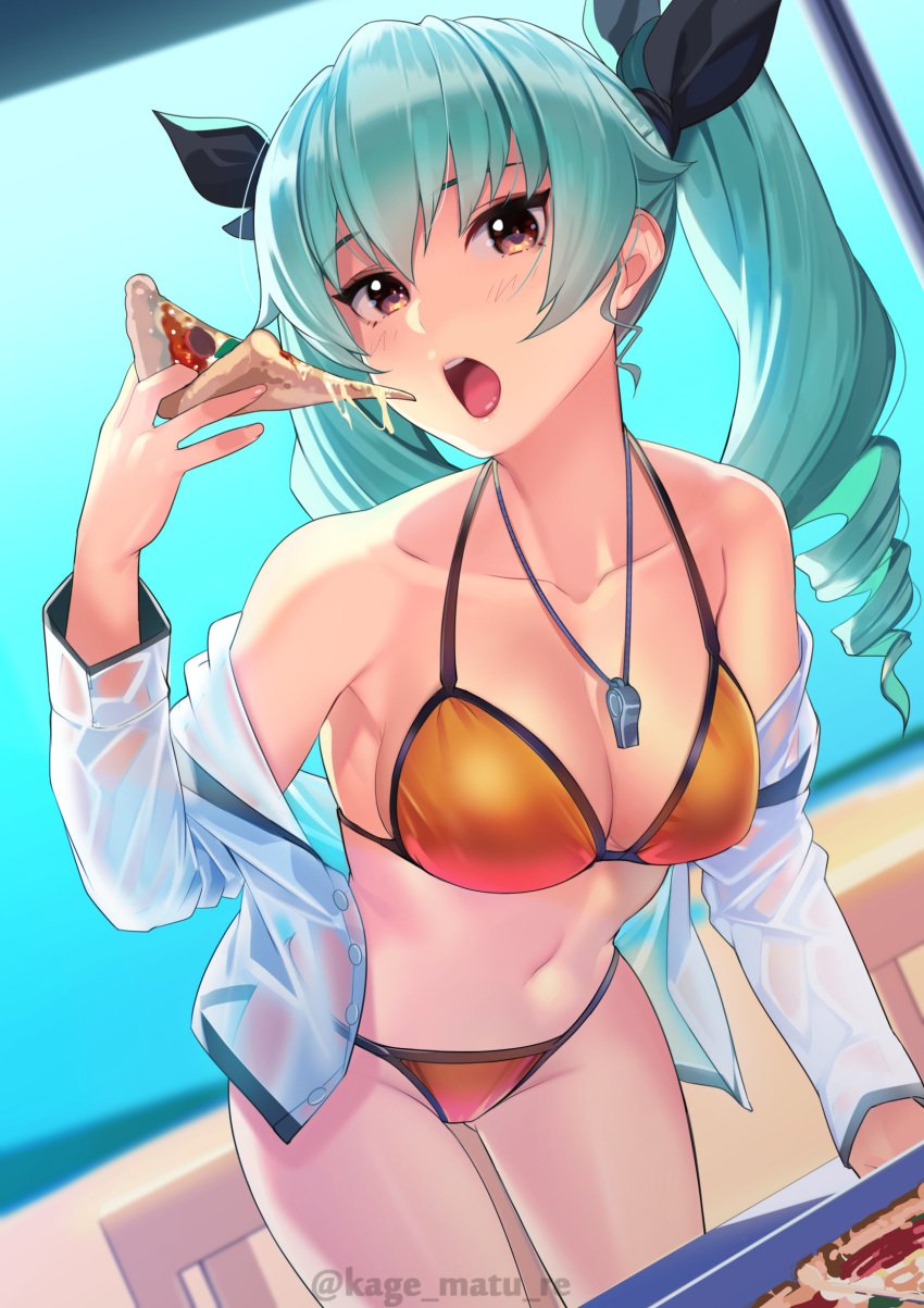 1girls anchovy aqua_hair armpits bare_shoulders beach bent_over bikini black_ribbon breasts brown_eyes cleavage collarbone curvy day eating female food girls_und_panzer gluteal_fold green_hair groin hair_ribbon halter_top halterneck highres kagematsuri medium_breasts navel off-shoulder_shirt off_shoulder open_mouth pizza ribbon see-through shirt sky solo stomach string_bikini swimsuit twintails whistle