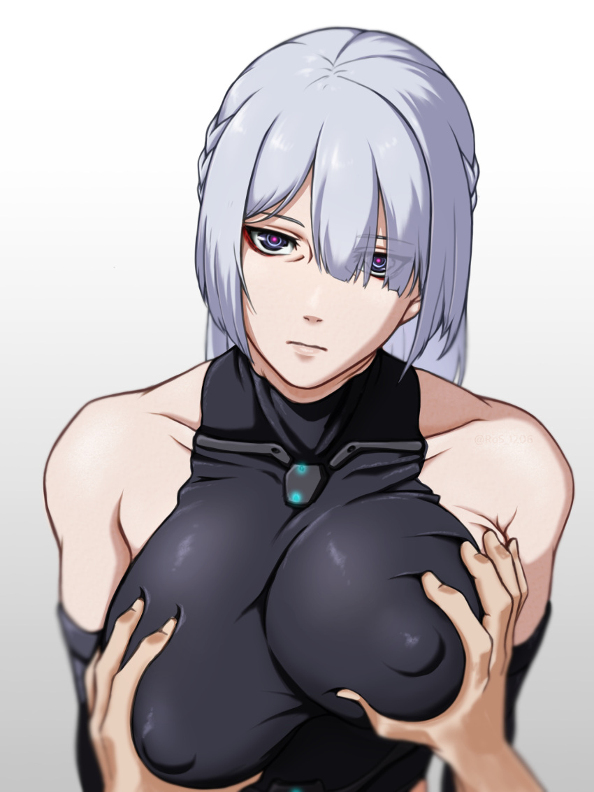 1boy ak-15_(girls'_frontline) bangs bare_shoulders braid breast_grab breasts collarbone covered_nipples eyebrows_visible_through_hair female girls'_frontline grey_background highres large_breasts long_hair looking_at_viewer pov pov_hands purple_eyes rob_110101101 silver_hair simple_background solo_focus straight twitter_username upper_body white_background