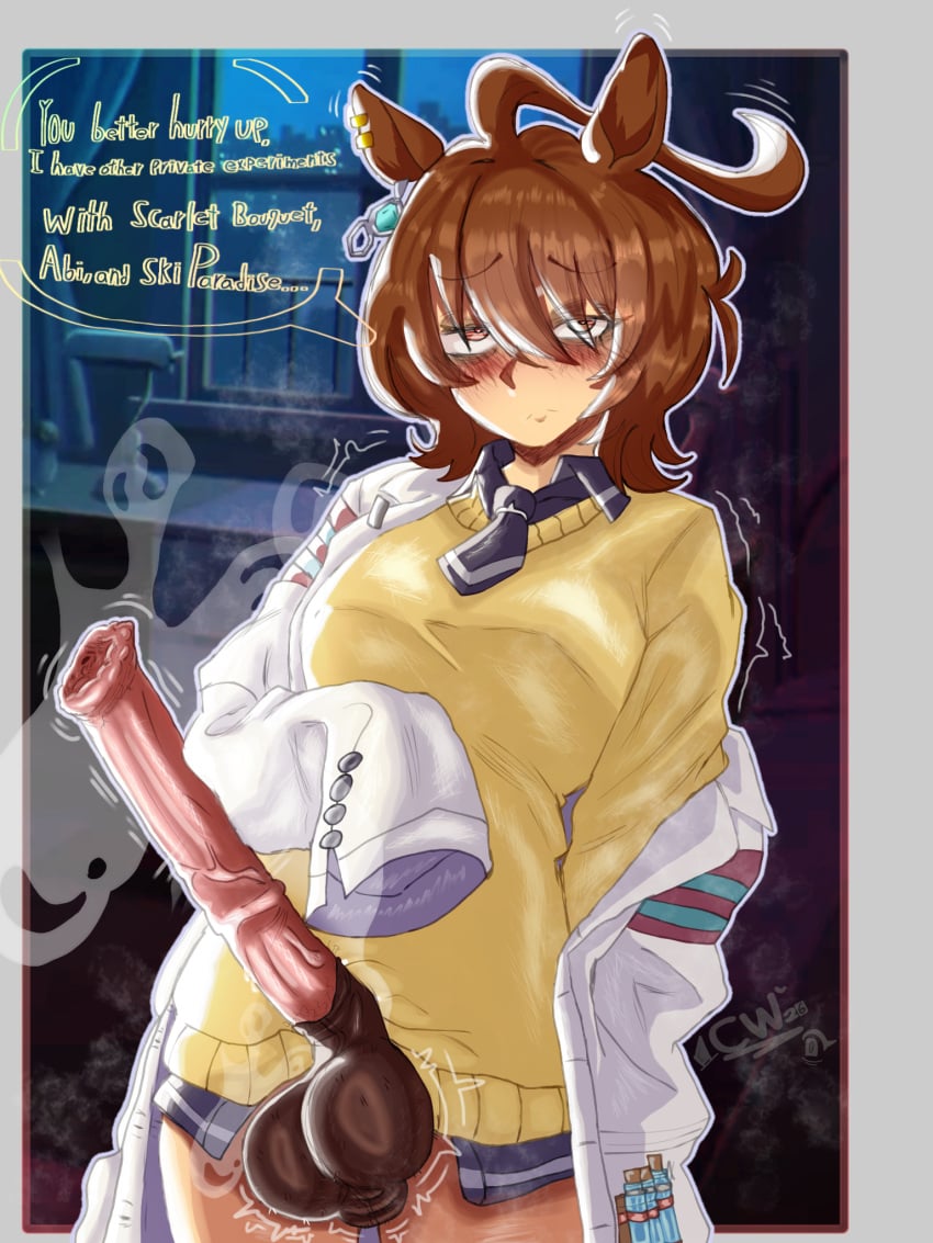 agnes_tachyon_(tach-nology)_(umamusume) agnes_tachyon_(umamusume) background black_necktie blush_lines blushing brown_hair cartoonwizzard ear_piercing english english_text erection futa_only futanari heart-shaped_pupils horse_ears horse_girl horse_penis horsecock_futa huge_cock jewelry labcoat lighting musk_clouds musky_cock sagging_balls saggy_balls showing_penis text text_bubble umamusume umamusume_pretty_derby white_coat yellow_sweater