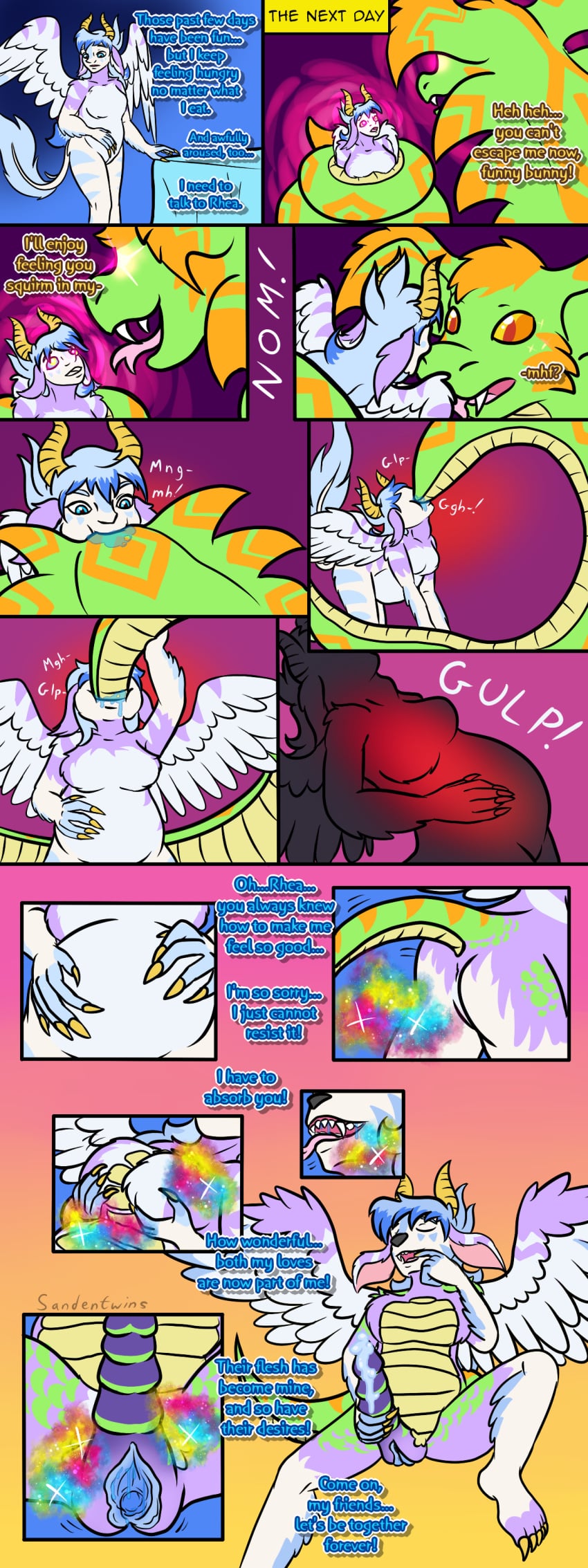 absurd_res angel belly big_belly bite blue_eyes blue_hair bodily_fluids breasts claws close-up cobra coiling comic construct_(sandentwins) countershading cum digestion duo english_text feathered_wings feathers female female/female feral forked_tongue fusion genital_close-up genital_fluids genitals green_body green_scales growth hair hand_on_belly herm hi_res horn humanoid hybrid hypnosis intersex jakkai kieri_suizahn magic mind_control oral_vore penis reptile rhea_snaketail sandentwins scales scalie size_difference slightly_damned smaller_pred snake sparkles spread_vulva spreading swallowed_alive swallowing tail tail_growth teeth text tongue ventral_scales vore vulva vulva_close-up wings
