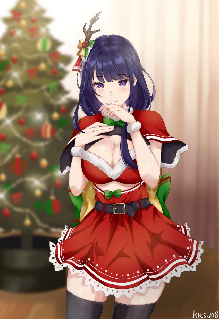 1girls absurdres bangs black_legwear blush boob_window bow bra breasts christmas christmas_clothing christmas_outfit christmas_tree cleavage detailed_background female genshin_impact hair_ornament highres huge_breasts kitsun8 large_breasts long_hair looking_at_viewer mole mole_under_eye purple_eyes purple_hair raiden_shogun red_bra red_skirt shawl skirt smile solo thick thick_thighs thighhighs thighs