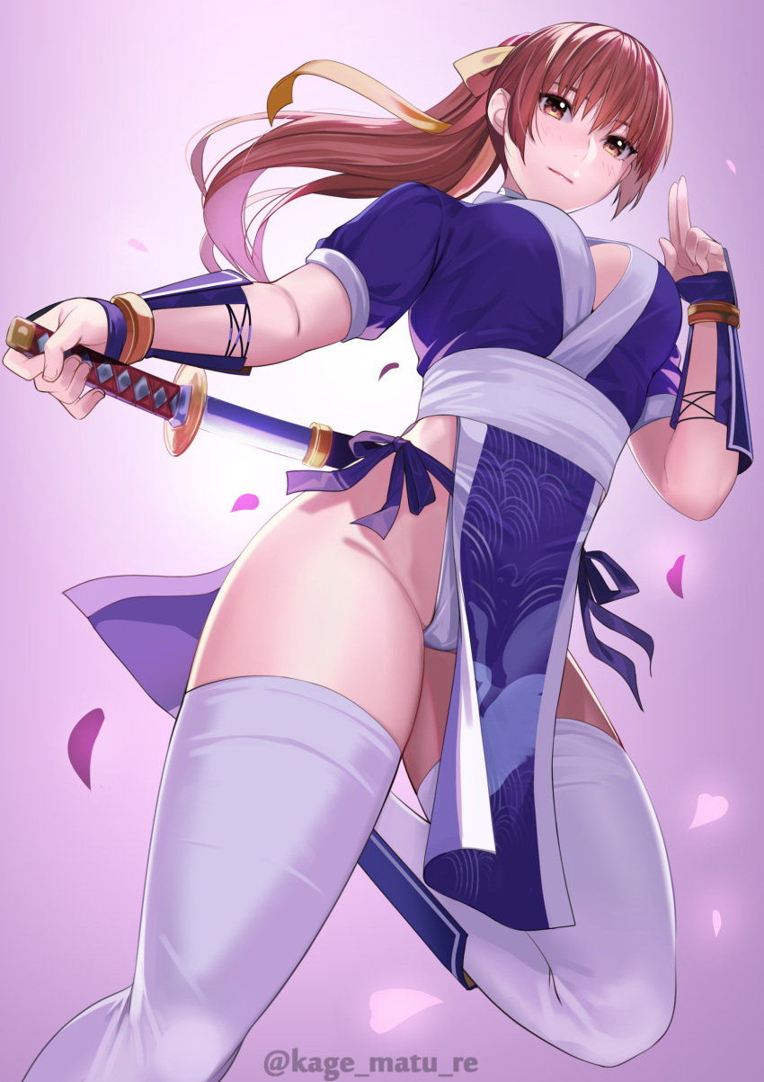 1girls arm_guards bangs blue_dress blush breasts brown_eyes brown_hair choker cleavage dead_or_alive dress female hair_ribbon highres kagematsuri kasumi_(doa) kunoichi large_breasts long_hair looking_at_viewer ponytail ribbon short_sword smile sword thighhighs thighs weapon white_legwear