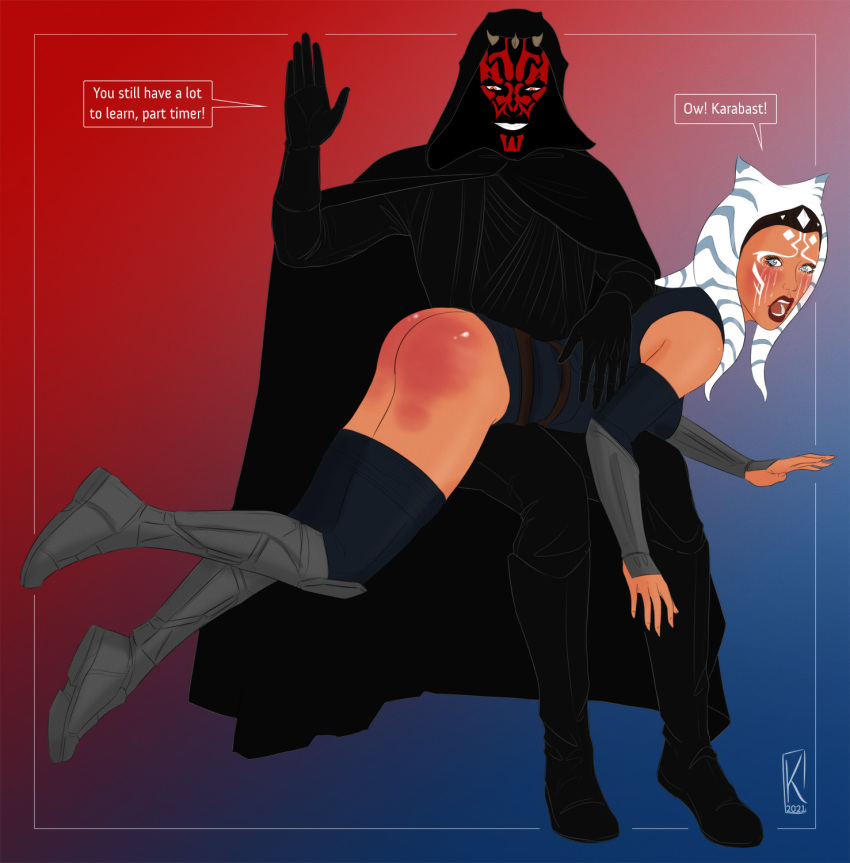 1boy 1girls 2021 ahsoka_tano alien alien_girl arm_up armwear artist_signature ass background bare_ass bare_shoulders belt black_clothing blue_background blue_clothing blue_eyes bodily_fluids boots bruise cape cloak clothed clothed_female clothed_male clothing crying darth_maul dated dialogue duo english_text eyelashes eyes facial_markings facial_tattoo female femsub footwear forced front_view fully_clothed headband headhear hood horn humanoid interspecies kalidwen knee_boots lipstick looking_at_viewer lying lying_on_person male maledom mandalorian_armor on_lap on_stomach open_eyes open_mouth orange_body pants pants_down red_ass red_background red_body red_eyes red_lipstick robe sad shoes shoulders simple_background sitting spank_marks spanked spanking speech_bubble star_wars straight tattoo tears teeth text the_mandalorian vambraces