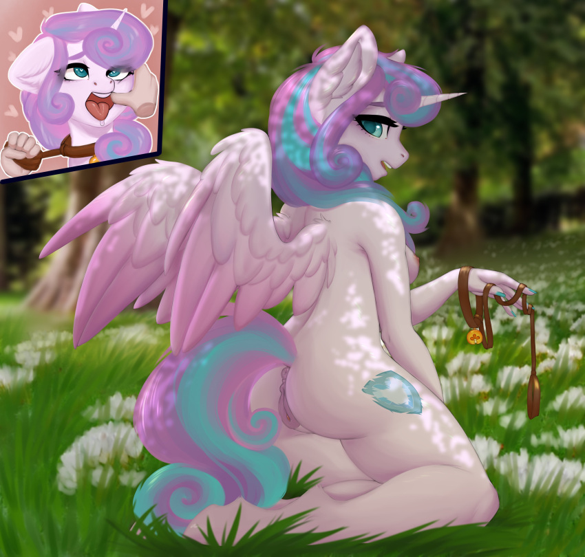 absurd_res aged_up ahe_gao alicorn ambiguous_gender animal_genitalia animal_pussy anthro anus ass breasts collar cutie_mark disembodied_hand equid equine equine_pussy evlass feathered_wings feathers female finger_in_mouth flurry_heart_(mlp) friendship_is_magic genitals grass hasbro hi_res horn leash looking_at_viewer looking_back looking_pleasured mammal my_little_pony nipples nude offscreen_character open_mouth outside plant pussy solo solo_focus spread_mouth spread_wings tail_aside tongue tongue_out unguligrade_anthro wings