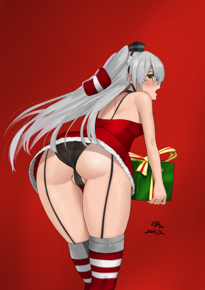 absurdres amatsukaze_(kantai_collection) ass black_panties blush box c-da christmas dress eyebrows_visible_through_hair feet_out_of_frame female garter_straps gift gift_box hair_between_eyes hair_tubes highres holding holding_gift kantai_collection long_hair looking_back oerba_yun_fang open_mouth panties red_background red_dress red_legwear santa_costume silver_hair skin_fang solo thighhighs two_side_up underwear windsock yellow_eyes