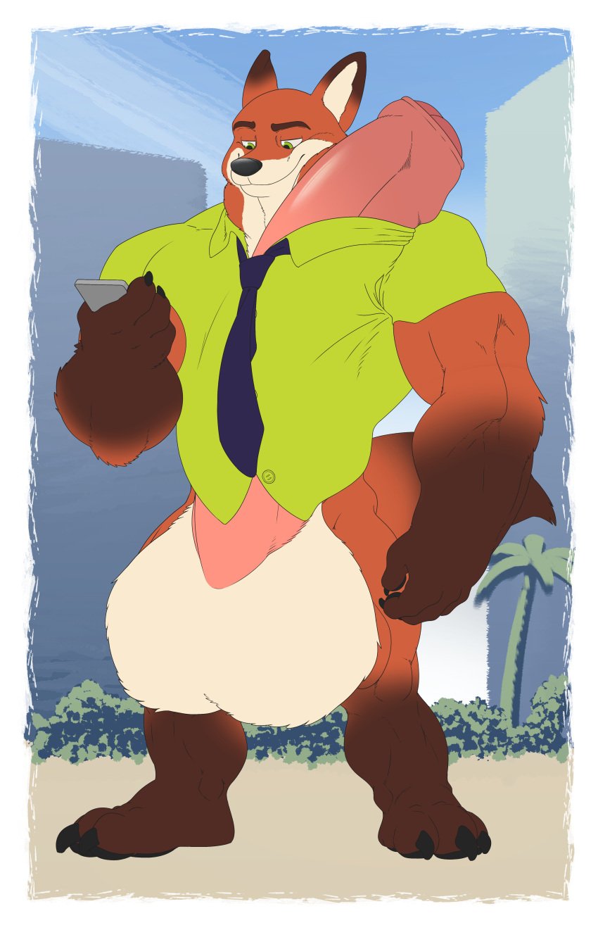 2021 absurd_res anthro balls bara barazoku barefoot barely_contained big_balls big_muscles big_penis biped bottomless bulge canid canine claws clothed clothing digital_media_(artwork) disney erection erection_under_clothing feet foreskin fox front_view full-length_portrait fur genitals hi_res huge_balls huge_cock humanoid_genitalia humanoid_penis hyper hyper_genitalia hyper_penis looking_at_object looking_at_phone louftr male male_focus male_only mammal muscular muscular_male necktie nick_wilde orange_body orange_fur outside paws penis phone poking_out portrait shirt solo solo_male toe_claws topwear zootopia zootropolis