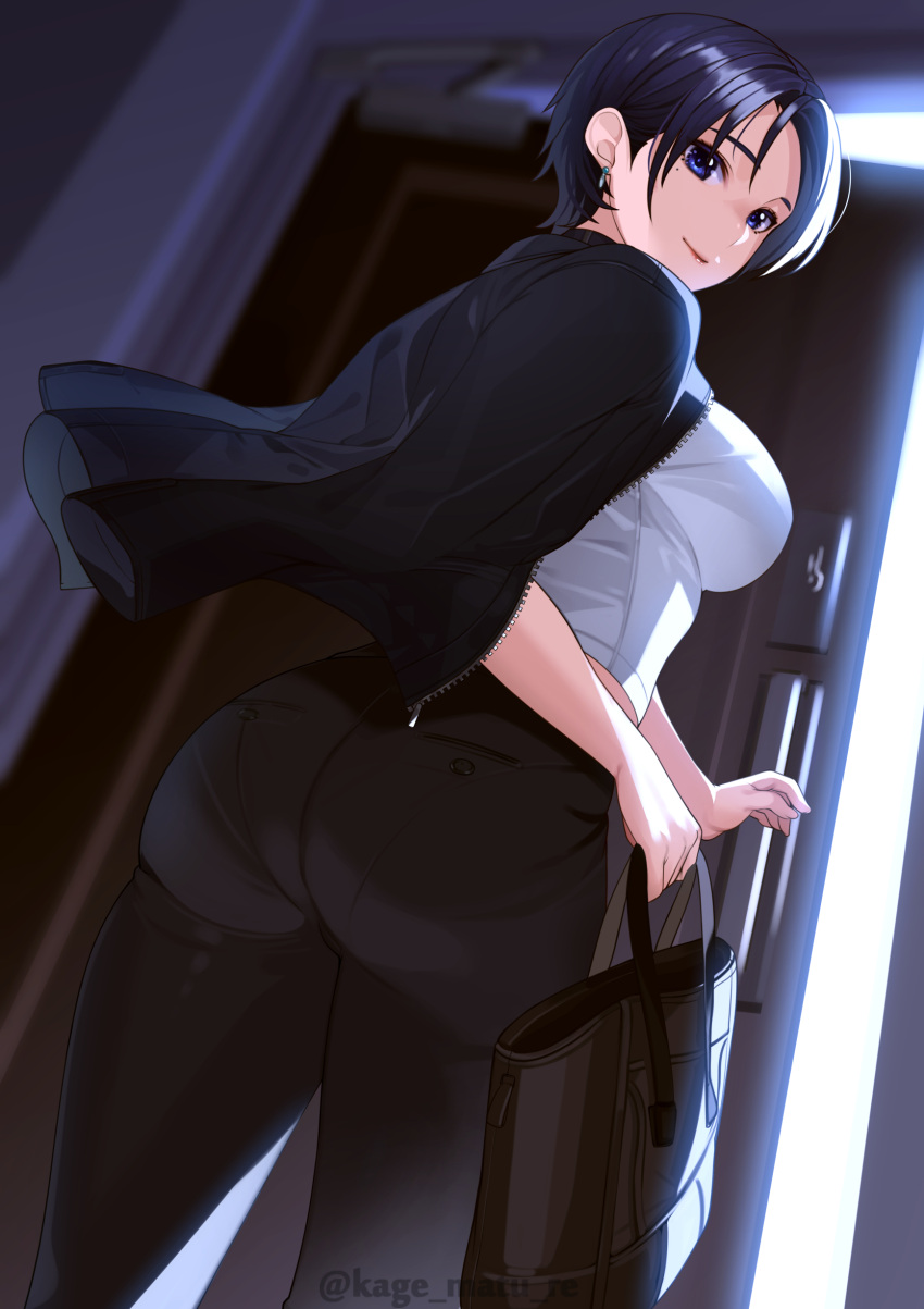 1girls ass bag black_hair black_jacket black_pants blouse blue_eyes blue_hair breasts door dutch_angle earrings from_below hair_behind_ear handbag highres jacket jacket_on_shoulders jewelry kagematsuri large_breasts lipstick looking_at_viewer looking_back makeup mole mole_under_eye open_door original pants pantylines shirt short_hair sleeveless sleeveless_shirt smile solo tight tight_pants white_shirt