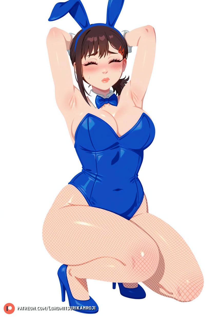 2026 2d absurd absurdres ambarassed armpits big_breasts blush bunny_ears bunnygirl closed_eyes collar cuffs generated hi high high_heels highres image kobeni_higashiyama large_thighs leotard lordmitsuri patreon quality resolution shiny_skin shy sweat sweaty_body white_background wide_hips