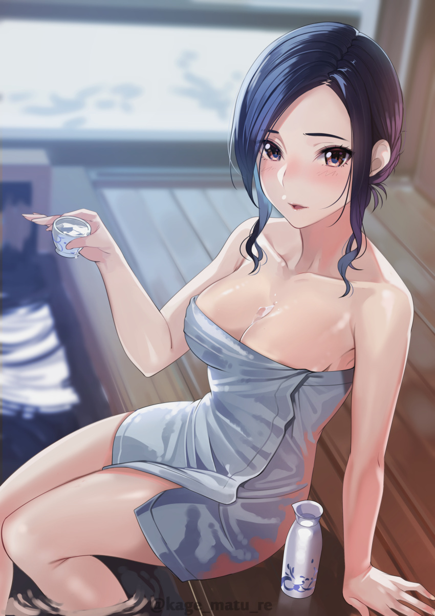 1girls bangs bare_shoulders bathing black_hair blush breasts brown_eyes cleavage collarbone female female_focus highres kagematsuri large_breasts long_hair looking_at_viewer naked_towel onsen open_mouth original parted_bangs sake_bottle sidelocks sitting smile steam thighs towel white_towel