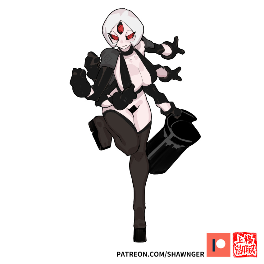 1girls dice_clan gloves multi_arm multi_eye multi_limb oc pale_skin patreon_logo red_eyes revealing_clothes shawnger stockings top_hat unusual_pupils watermark