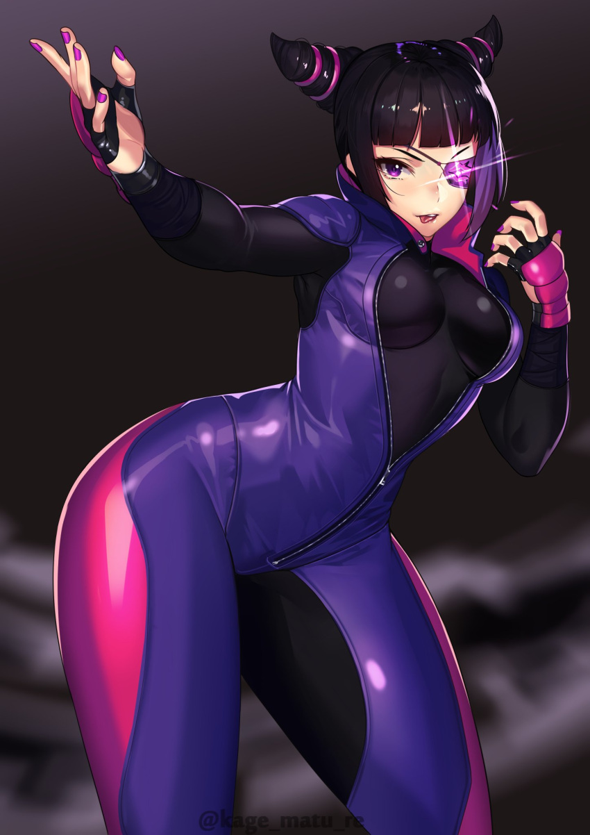 1girls bangs black_hair blunt_bangs bodysuit breasts contrapposto eyepatch female fighting_stance fingerless_gloves gloves hands_up highres juri_han kagematsuri looking_at_viewer medium_breasts nail_polish one_eye_covered purple_eyes purple_nails solo street_fighter street_fighter_v tongue tongue_out