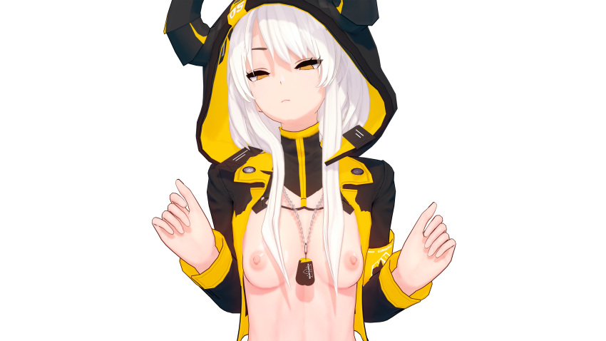 1girls 3d breasts breasts_out female female_focus hoodie horns karenina_(punishing:_gray_raven) long_hair nipples open_shirt punishing:_gray_raven robot_girl tag white_hair yatsuni yellow_eyes