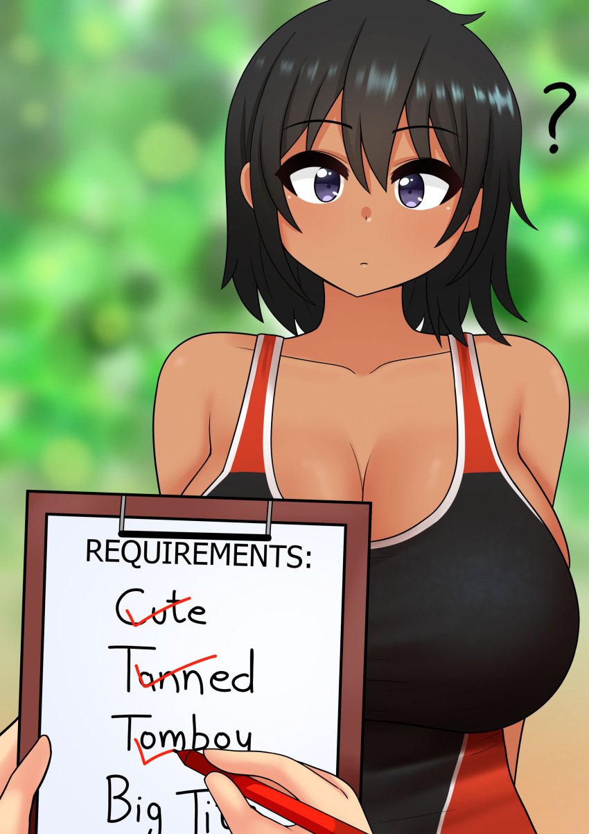 1boy 1girls 2021 ? absurd_res arms_behind_back bare_shoulders black_hair blurry blurry_background breasts checklist cleavage clipboard competition_swimsuit confused cute dark-skinned_female dark_skin english_text eyebrows_visible_through_hair female female_focus forest hair_between_eyes highres himiko_(the_only_shoe) holding_object huge_breasts looking_at_viewer male male_pov meme one-piece_swimsuit original outdoors pen pov purple_eyes short_hair swimsuit tan text the_only_shoe tomboy