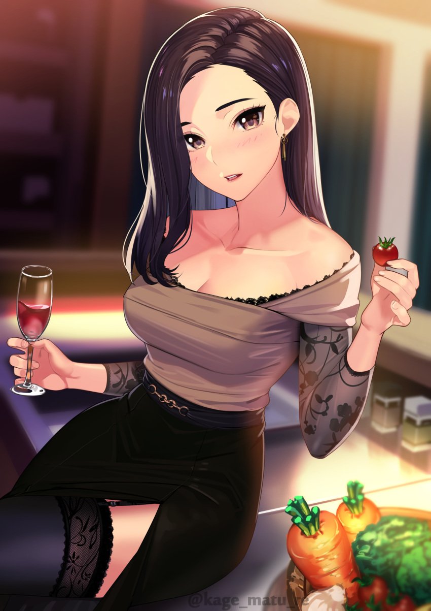 1girls alcohol bangs bare_shoulders black_legwear blush breasts broccoli brown_eyes brown_hair carrot cleavage collarbone female female_focus food highres kagematsuri long_hair long_sleeves looking_at_viewer original parted_bangs smile thighhighs thighs tomato vegetable wine wine_glass