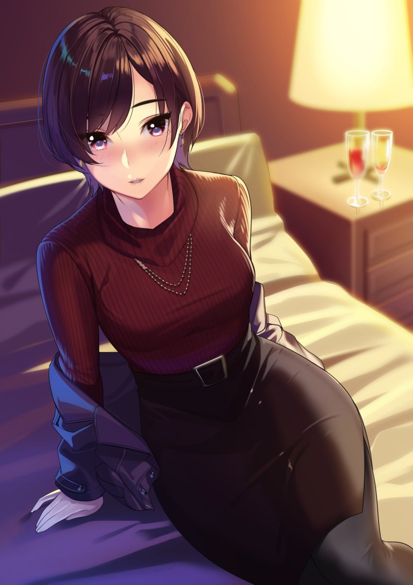 1girls alcohol bangs bed black_legwear black_skirt blush brown_hair cup earrings female from_above glass highres jacket jacket_removed jewelry kagematsuri lampshade looking_at_viewer necklace night office_lady original pantyhose parted_lips pencil_skirt red_eyes red_sweater ribbed_sweater short_hair skirt sweater swept_bangs