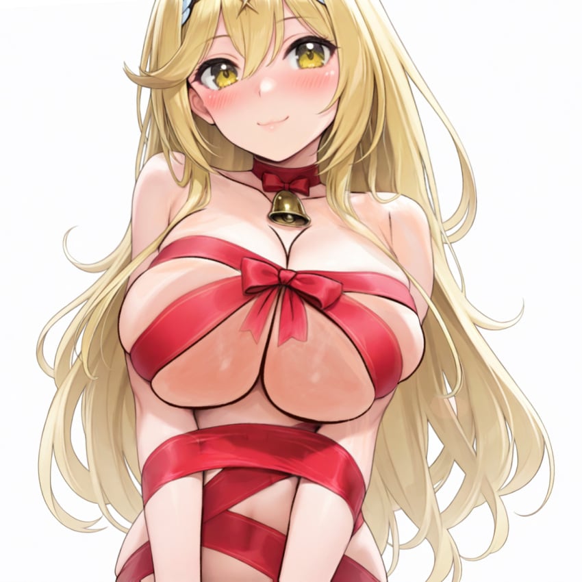 bell_collar blonde_female blonde_hair bondage gift_wrapped mythra mythra_(xenoblade) nude nude_female smile wrapped xenoblade_(series) xenoblade_chronicles_2