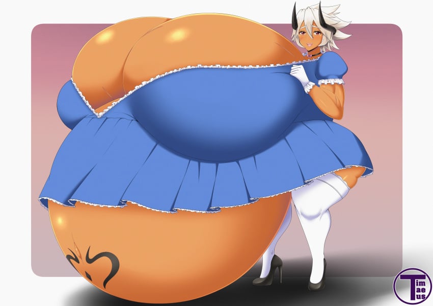 1girls alternate_breast_size artist_name belly bloated_belly blush breasts breasts_bigger_than_torso buta_no_gotoki_sanzoku_ni_torawarete_shojo_o_ubawareru_kyonyuu_himekishi_&_onna_senshi:_zettai_chinpo_nanka_ni_maketari_shinai!!_the_animation dark-skinned_female dark_skin dress female female_focus gigantic_belly gigantic_breasts helga_(buta_no_gotoki) high_heels horns hyper hyper_belly hyper_breasts hyper_pregnancy pregnant pregnant_female ready_to_pop red_eyes round_belly standing stomach_tattoo tattoo thick_thighs thighhighs thighs timaeus white_hair