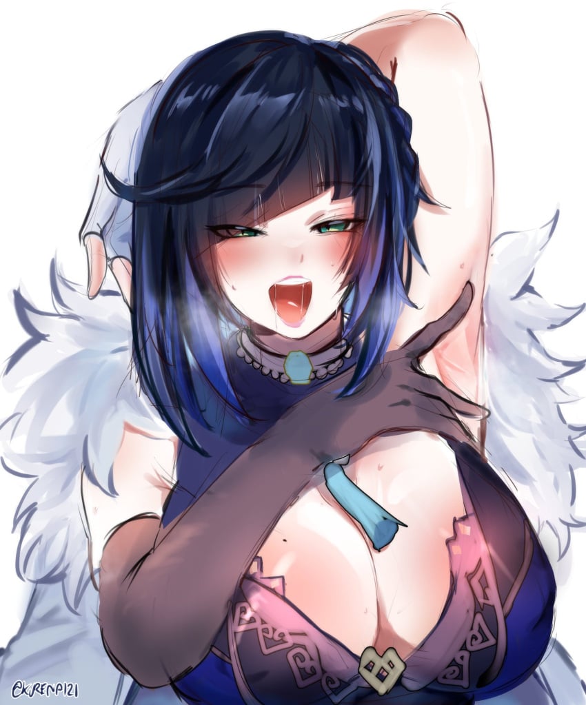 1female 2d 2d_(artwork) armpit armpit_fetish armpits beauty_mark big_breasts blush covered_breasts dark_blue_hair dress drooling female genshin_impact gloves green_eyes kurenaiz1 light-skinned_female light_skin open_mouth sexually_suggestive simple_background sweat sweating tagme white_background yelan_(genshin_impact)