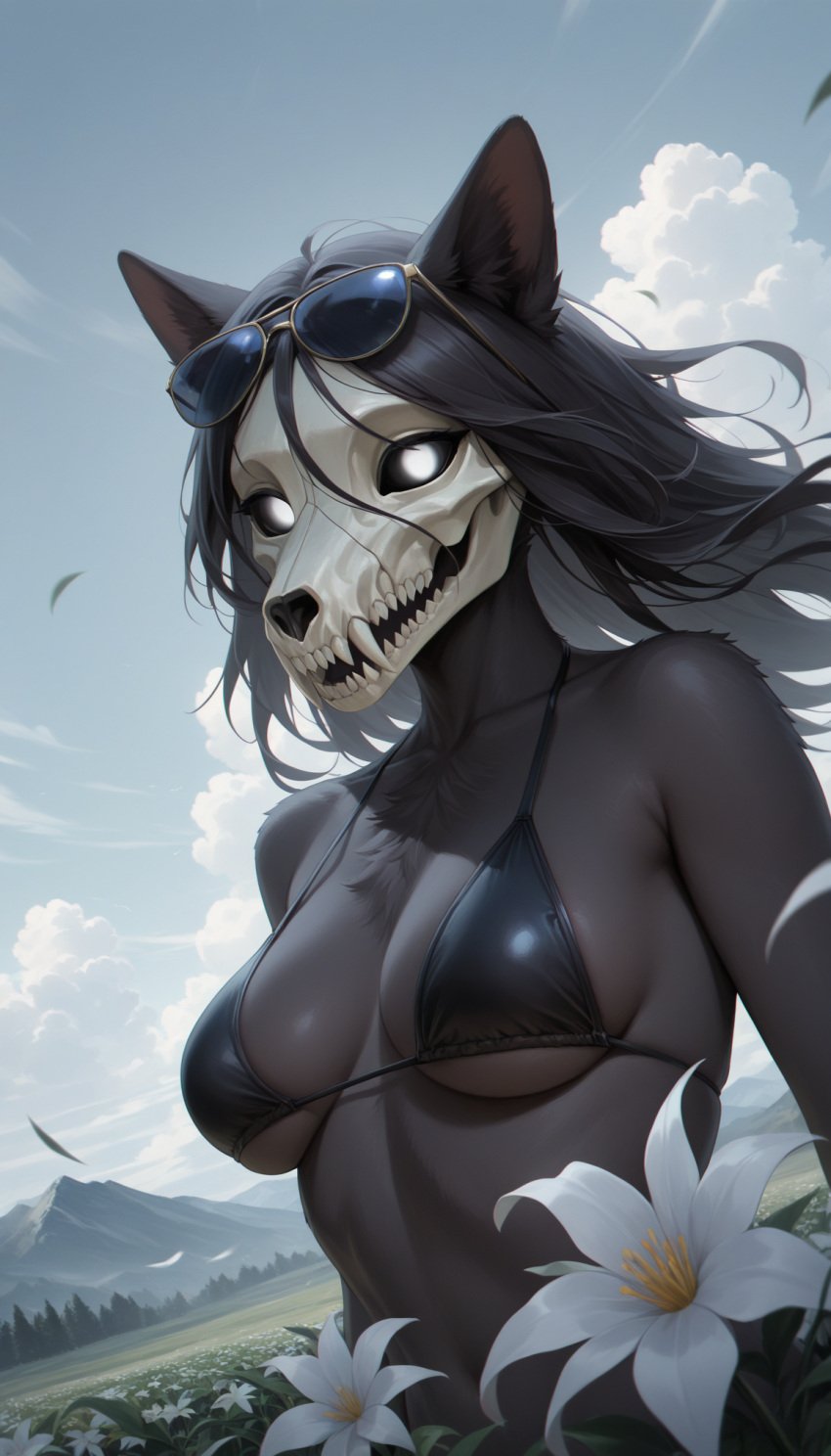 1furry 1girl ai_generated animal anthro black black_body black_hair bone bra breasts canine canine_ears ears eyelashes female flower flowers furry_hair furrybomber hair_between_eyes huge_breasts mal0 nature nature_background realistic scp-1471 scp-1471-a scp_foundation sharp_teeth skull sunglasses sunglasses_on_head teeth white_eyes wind