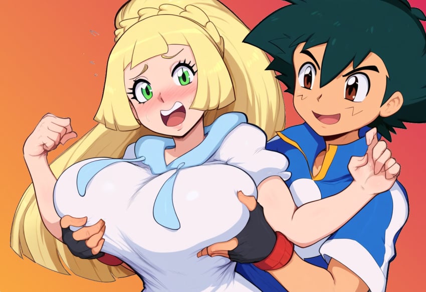 1boy ai_generated breast_grab breasts female green_eyes huge_breasts lillie_(pokemon) mullon muscular_male novelai pokemon pokemon_(anime) pokemon_journeys pokemon_sm satoshi_(pokemon) straight