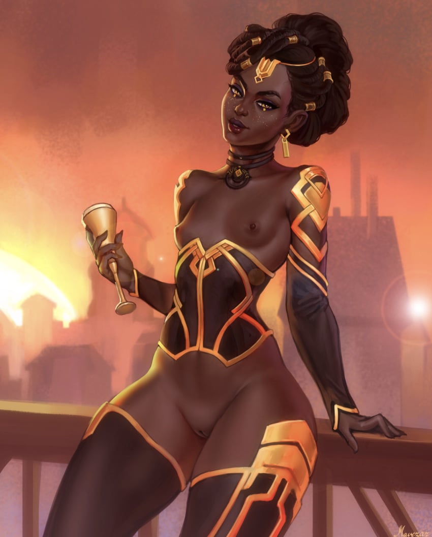 1girls arcane areolae black_female dark-skinned_female dark_skin female female_only league_of_legends looking_at_viewer mavezar mel_medarda nipple_piercing nipples piercing pussy riot_games small_breasts solo solo_female thighhighs third-party_edit