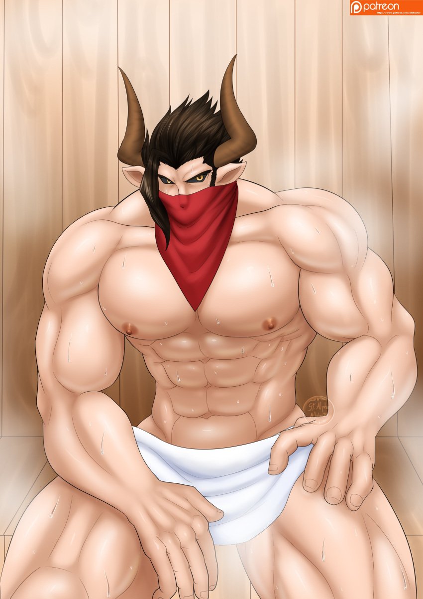 alabuster animal_ears balls bara cow_ears draph garma granblue_fantasy horns male male_only muscles muscular penis sauna solo solo_male sweating towel towel_around_waist