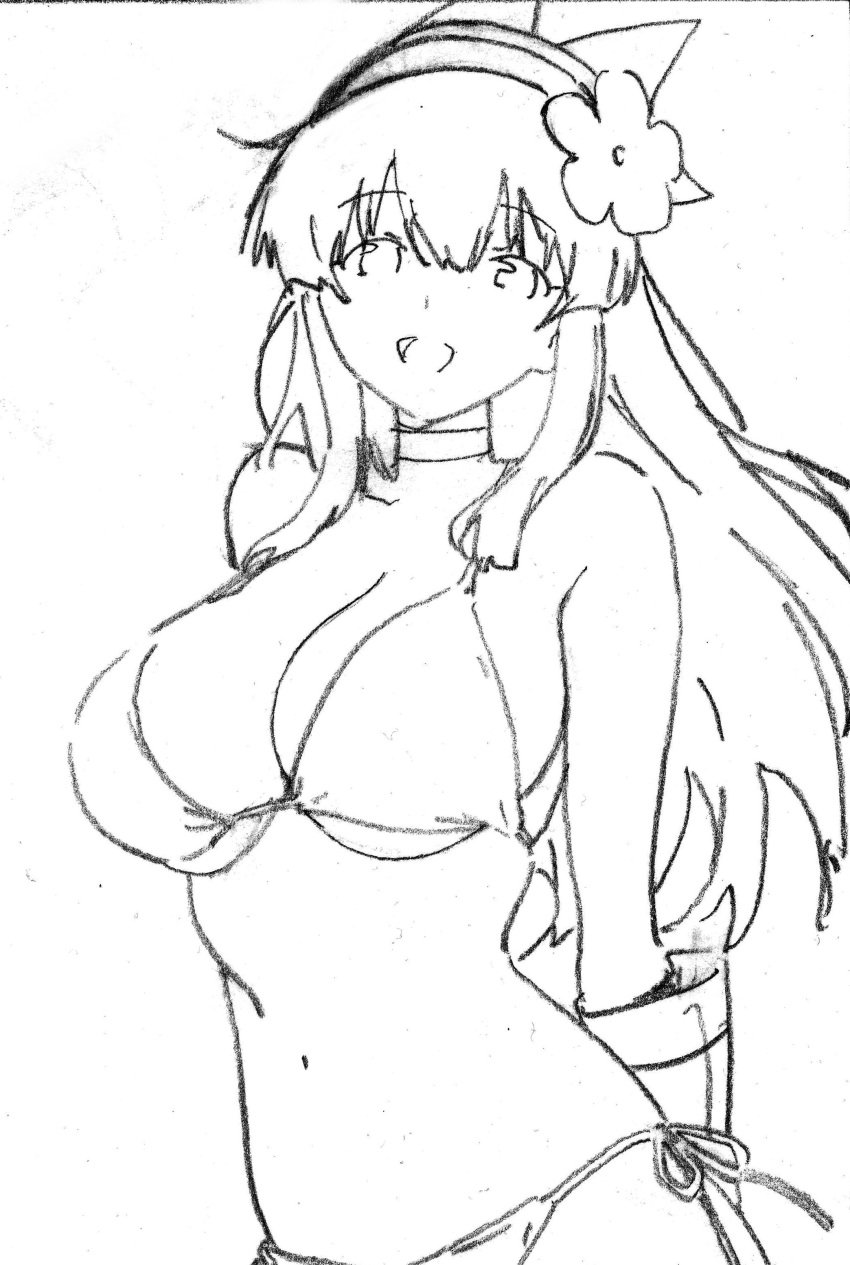 1girls arms_behind_back big_breasts bikini breasts busty cleavage female female_only fingerless_gloves gloves hair_ribbon half-closed_eyes heart highres king_of_fighters large_breasts legs long_hair looking_at_viewer monochrome nakoruru navel open_mouth pose posing ribbon samurai_shodown sensual side-tie_bikini_bottom sideboob sketch smile snk solo swimsuit thighs tongue traditional_media very_long_hair voluptuous