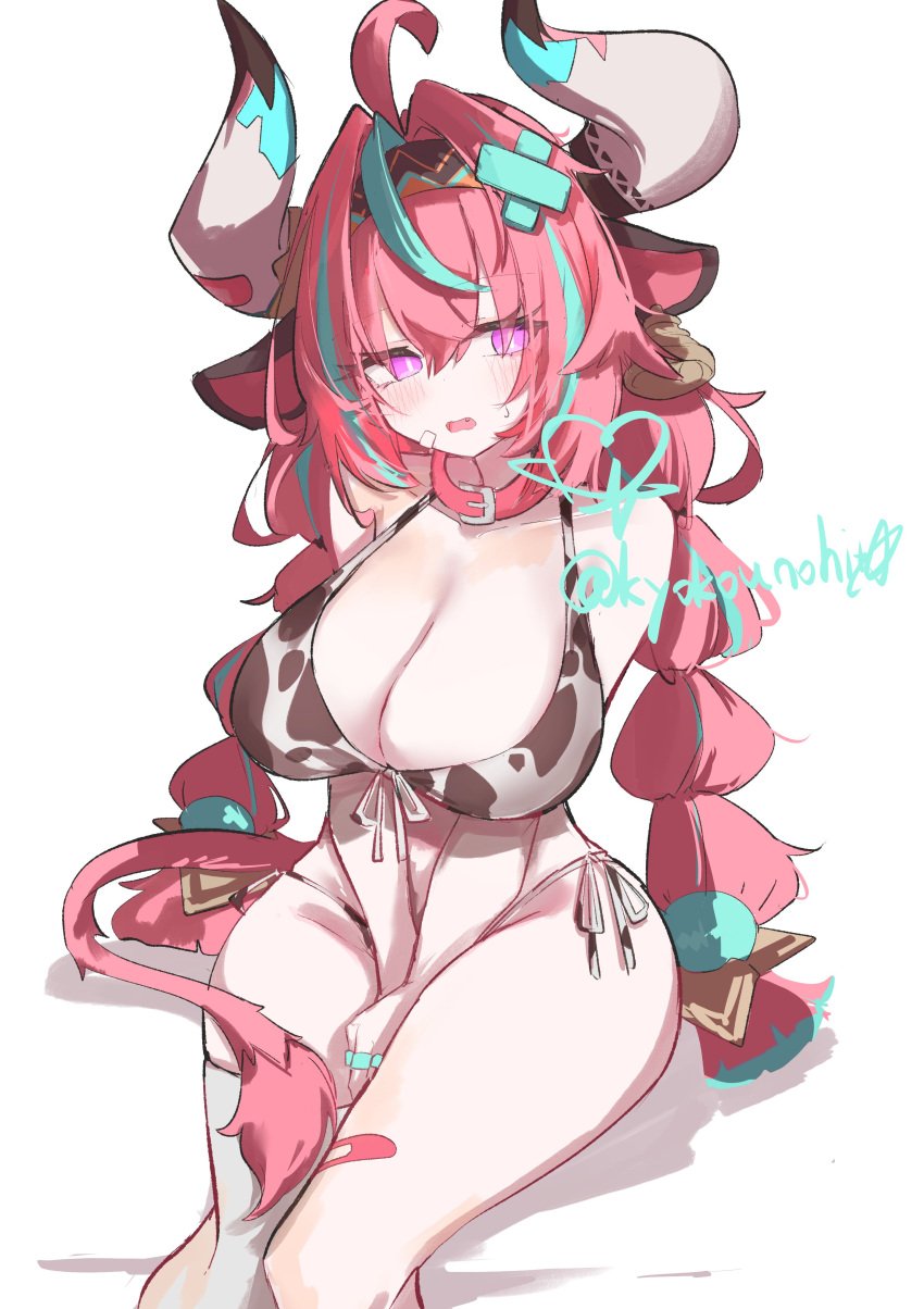 bandaged_leg blue_hair collar cow_ears cow_girl cow_tail cowgirl headband headband_with_horns multicolored_hair pink_hair purple_eyes varesa_(genshin_impact)