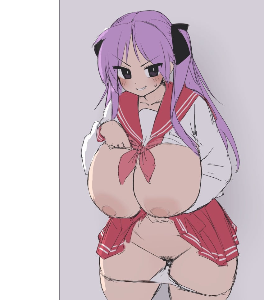 1girls big_breasts breasts_out female kagami_hiiragi lucky_star makino_momiji_(artist) nipples purple_hair solo twintails