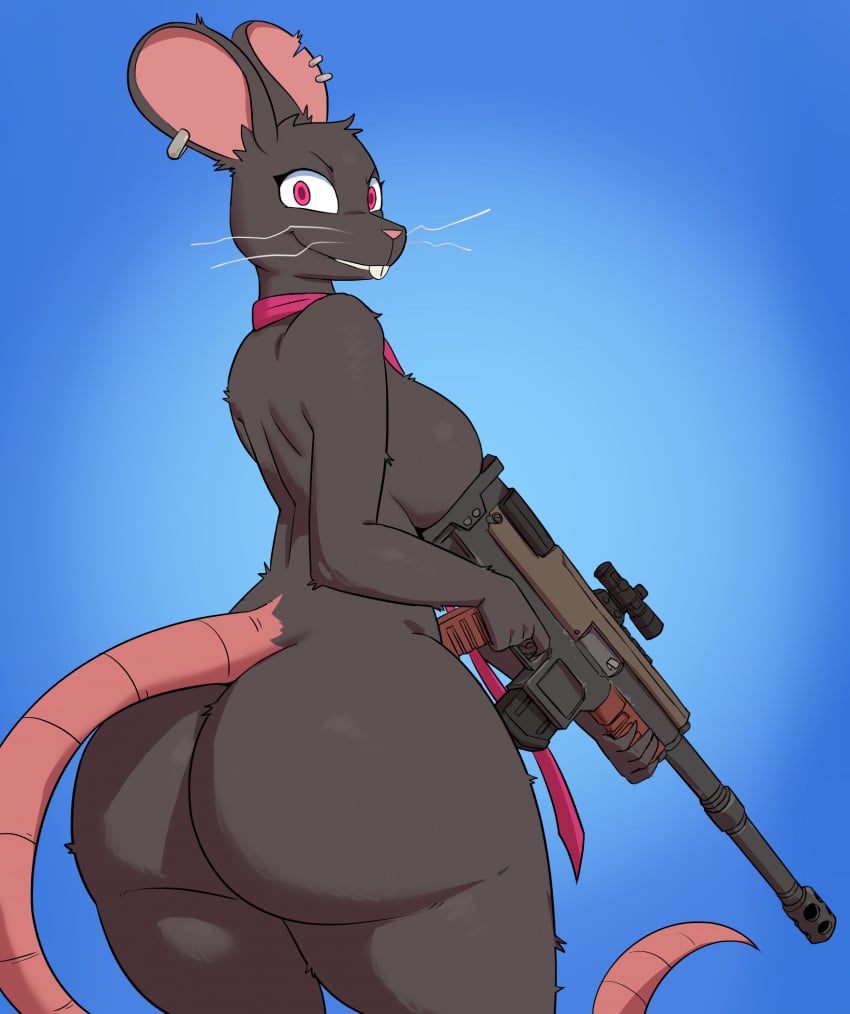 anthro ass big_breasts big_butt biped black_body black_fur blue_background breasts buckteeth ear_piercing female fur gun hi_res holding_gun holding_object holding_ranged_weapon holding_weapon huge_butt looking_at_viewer looking_back looking_back_at_viewer mammal piercing pupils ranged_weapon red_pupils rodent simple_background smile solo teeth thick_thighs weapon yoelrabbit