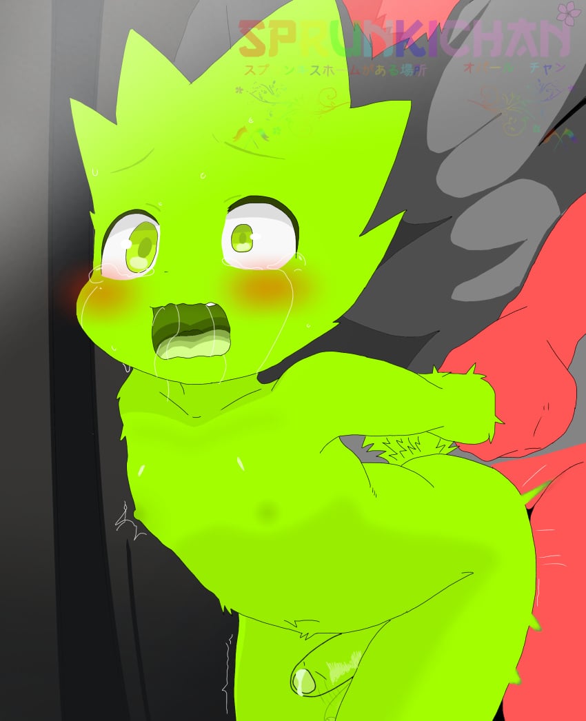 anonymous_male bad_art dark_background dick furry green_fur lime_fur owakcx_(sprunki) red_fur spiked_hair sprunki uneven_eyes yaoi