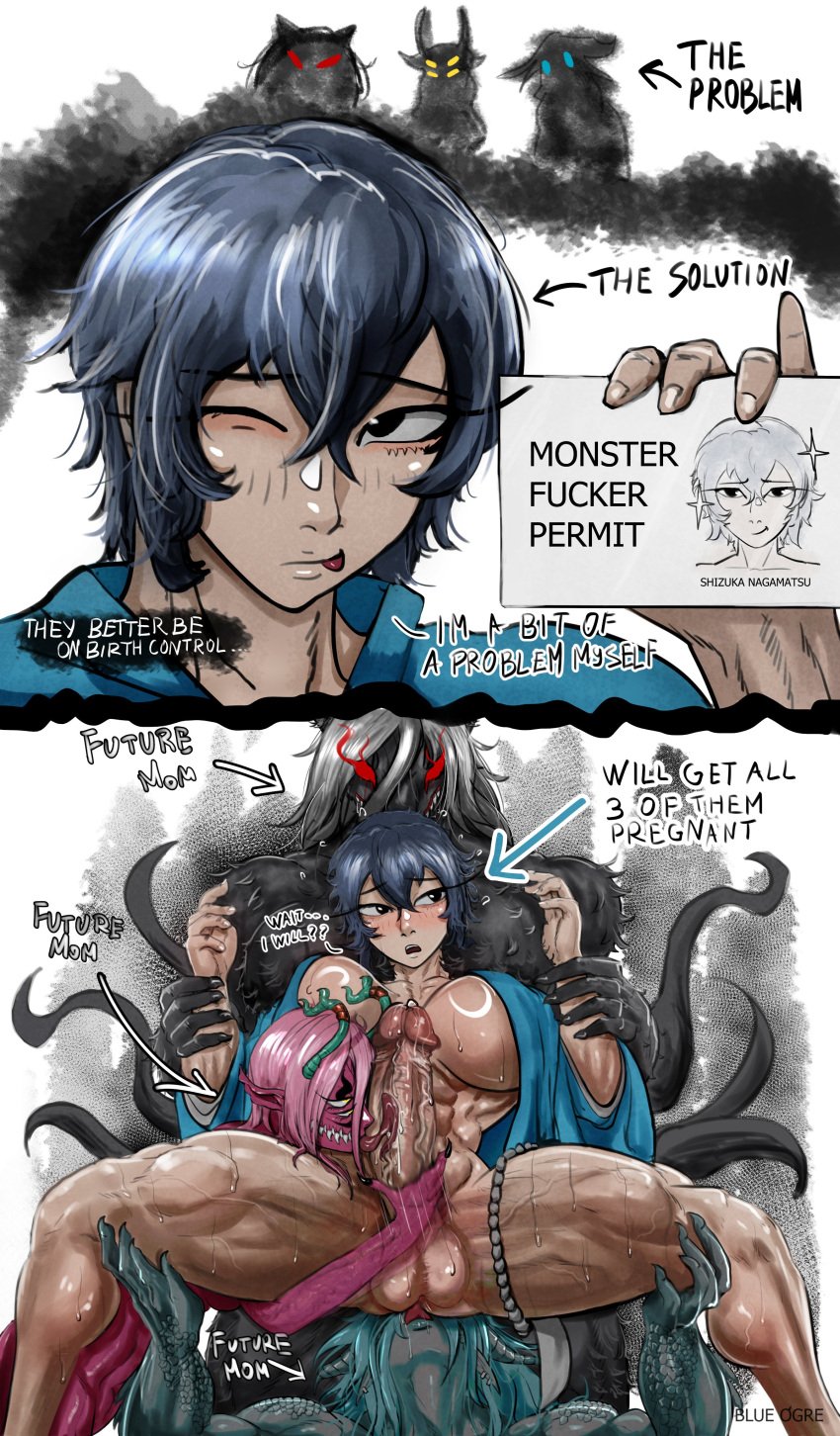 1futa 3girls big_breasts big_penis blue_hair blue_ogre_(artist) demon foursome futa_on_female futanari green_skin huge_cock interracial interracial_sex interracial_yuri kappa licking_ass licking_penis monster monster_girl muscles muscular_female muscular_futanari oni oni_female partially_clothed pink_skin rimming werewolf_girl