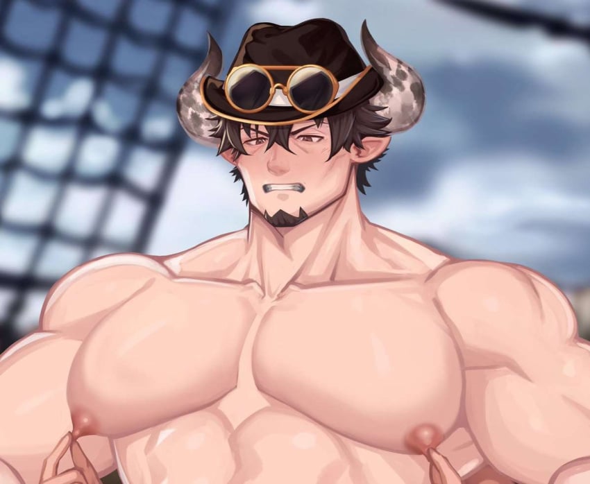 animal_ears bara barawa cow_ears draph facial_hair granblue_fantasy horns kimakkun male male_only muscles muscular nipple_play nude