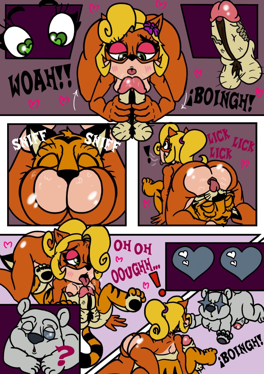 1girls 2boys anus ass coco_bandicoot crash_(series) erection fellatio female male masturbation orange_hair polar_(crash_series) pura_(crash_series) sex