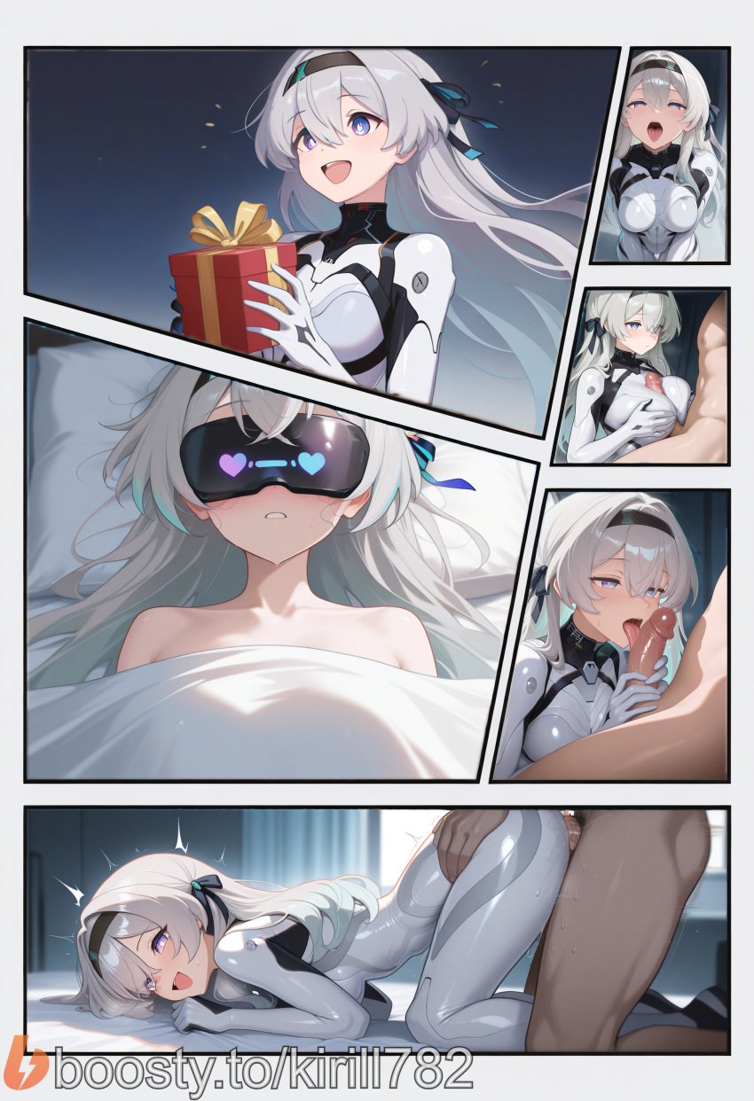 1boy 1girls ai_generated black_hairband blush bodysuit boosty_username breasts comic doggy_style fellatio female firefly_(honkai:_star_rail) gift gift_box grey_hair hair_ribbon hairband heart holding holding_gift honkai:_star_rail honkai_(series) kirill782 long_hair lying multiple_views nude open_mouth oral paizuri penis pillow purple_eyes ribbon sex sex_from_behind smile stable_diffusion straight tongue tongue_out watermark white_hair