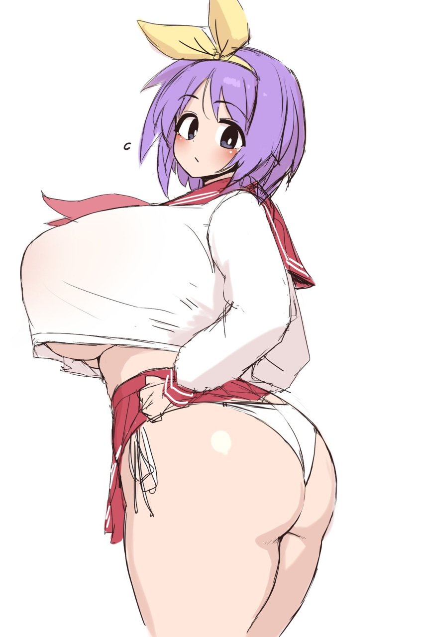 1girls ass female huge_breasts looking_back lucky_star makino_momiji_(artist) purple_hair short_hair skirt tsukasa_hiiragi underboob