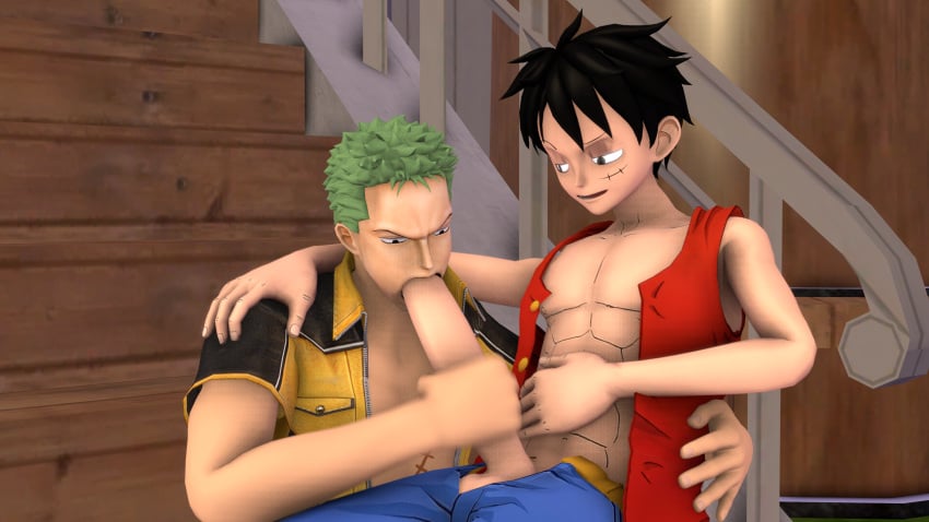 clothed clothing gay handjob handjob_while_sucking male male_only monkey_d_luffy one_piece roronoa_zoro ryna3d yaoi