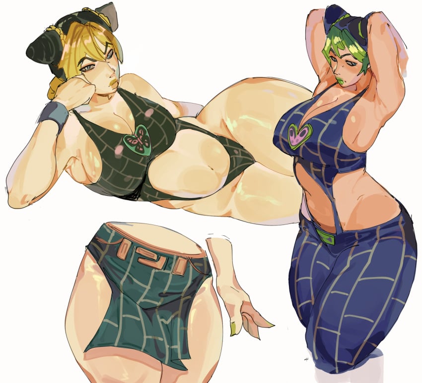 big_ass big_breasts big_butt breasts butterfly butterfly_print cleavage cleavage_cutout green_eyes green_hair jojo's_bizarre_adventure jolyne_kujo laying_down laying_on_side legs light_green_hair looking_unpleasured massive_breasts oiled_skin oily prison prison_clothes prisoner ryota_ravioli seductive seductive_look shiny_skin short_hair short_skirt skirt stretching stretching_arms tagme thick_ass thick_legs thick_thighs thighs thighs_together white_background white_skin