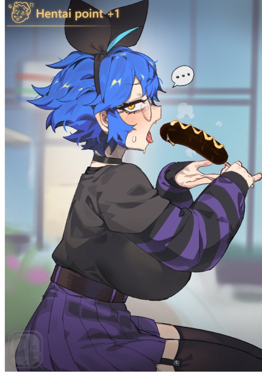 1girls black_thighhighs blue_hair corndog dif_(difman) difman eating edit food huge_breasts sexually_suggestive