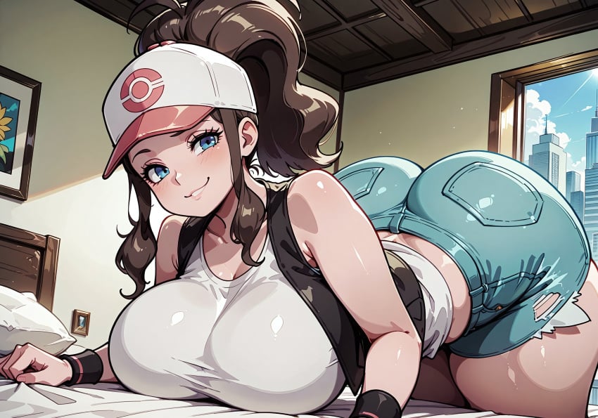 1girls 4k absurd_resolution absurdres ai_assisted ai_generated anime_style blue_eyes busty_female city city_background cityscape clothed clothed_female collarbone curvy_female day daytime denim_shorts detailed detailed_background exposed_pocket eyelashes female front_view game_freak hat high_ponytail high_resolution highres hilda_(pokemon) huge_ass huge_breasts indoors laying_down laying_on_bed long_hair looking_at_viewer nintendo pokemon pokemon_bw self_upload shiny_skin shirt shorts sidelocks sleeveless smiling smiling_at_viewer smug smug_expression smug_face smug_grin smug_smile solo solo_female solo_focus sun thick_thighs vest video_game_character voluptuous_female wide_hips wristband